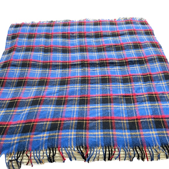 Vintage Woolen Blanket Throw 5561/2" X 61" Plaid Fringed Blue Red Yellow - Picture 1 of 3